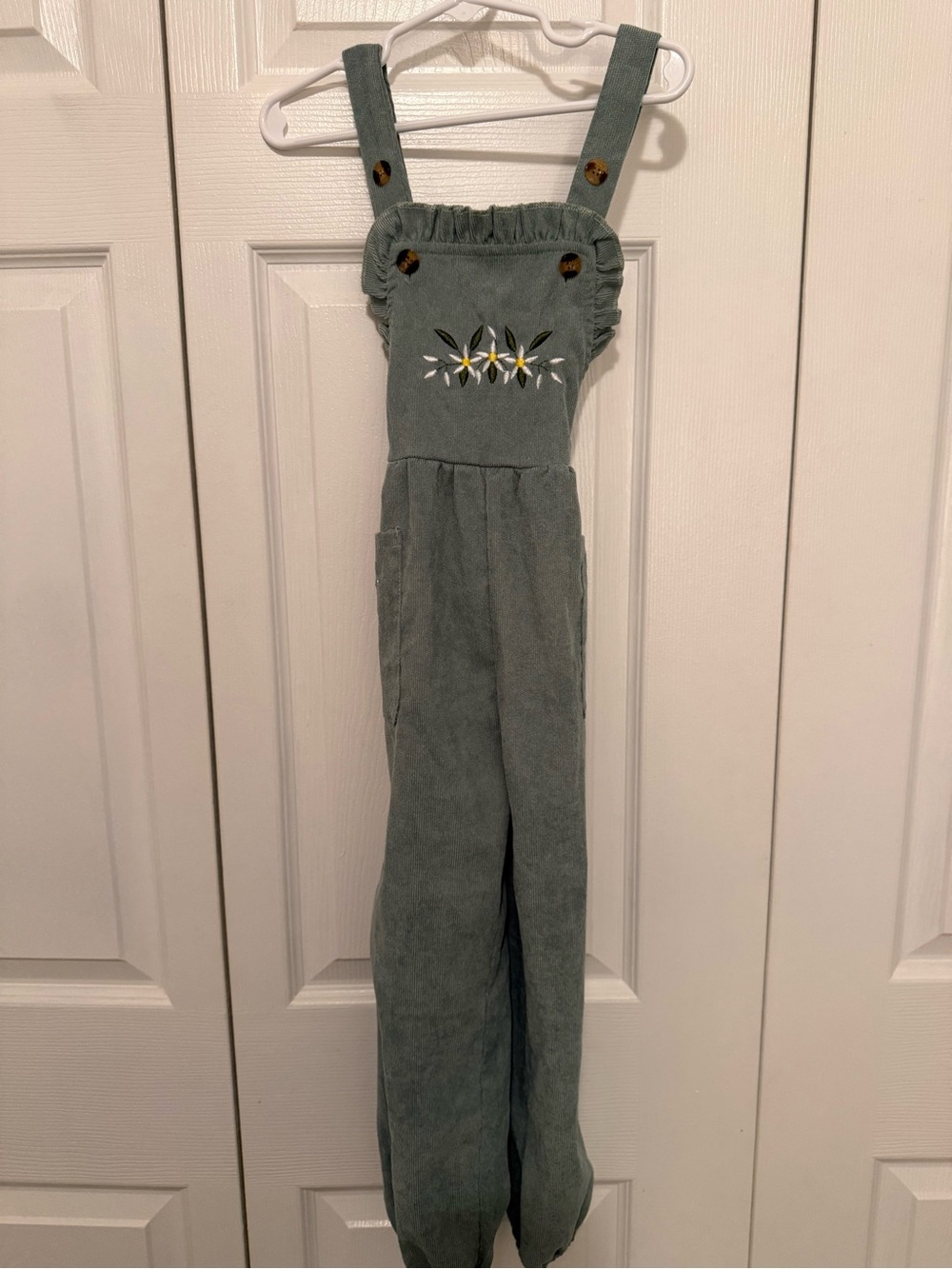 SHEIN Sage Green Corduroy Embroidered Kids Overalls